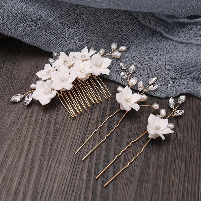

Floralbride Handmade Crystal Rhinestones Pearls Ceramic Flower Bridal Hair Comb Pin Set Bridal Hair accessories Women Jewelry