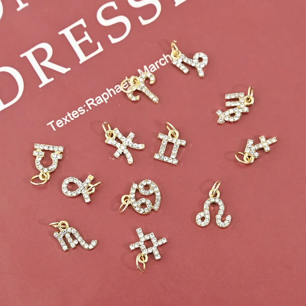 10Pcs 12 Constellation Dangle Nail Art Charms 3D Alloy Diamond Piercing Nail Rhinestones Golden Luxury Jewelry Nails Accessories