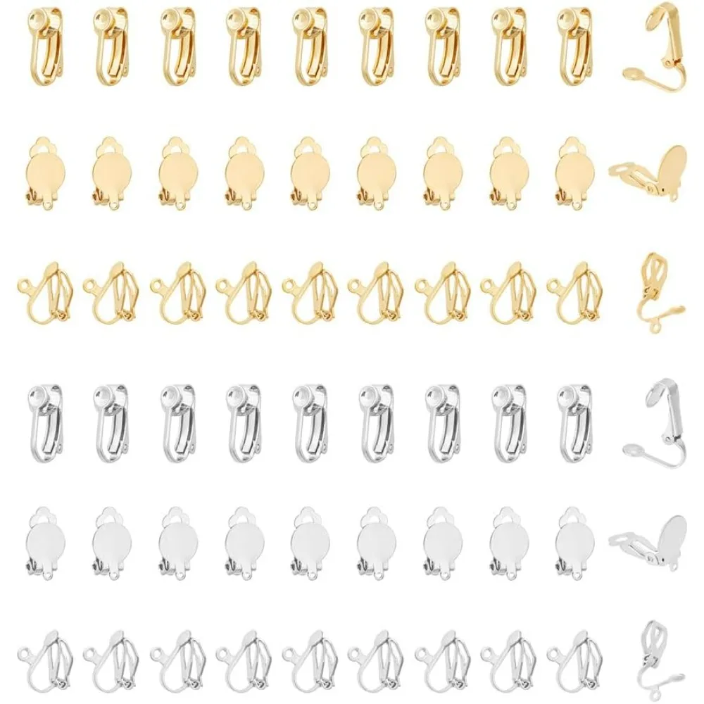 Фото 60 шт., 3 стиля, 2 цвета, нержавеющая сталь 304, клипсы для сережек, плоские круглые серьги без пирсинга, конвертер с набором для изготовления №1