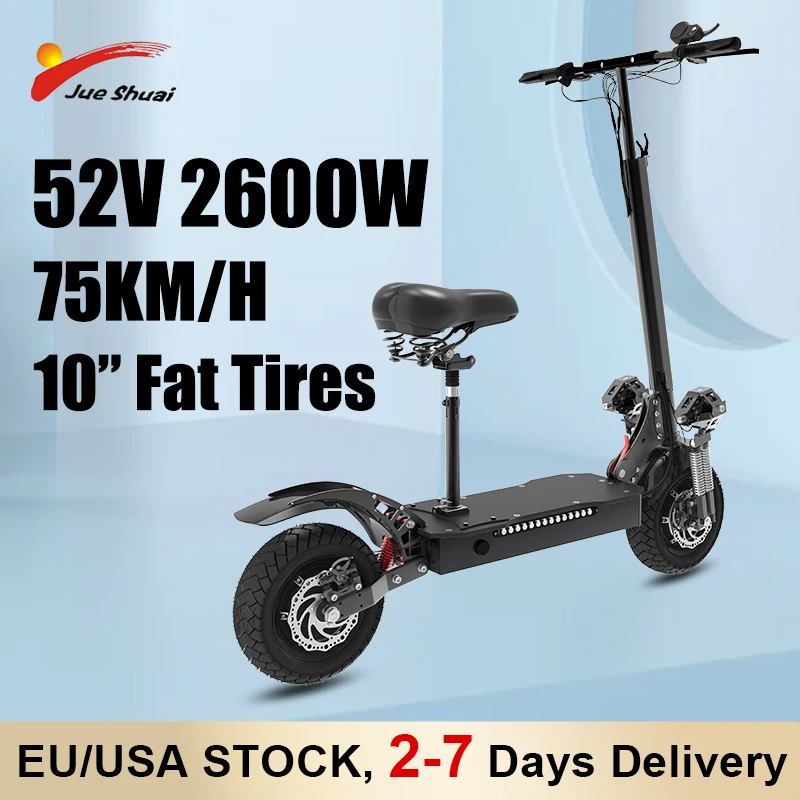 

10" All Terrain Fat Tire Electric Scooter 52V 2600W Dual Motors Sports Electric Kick Scooter 70KM Range Full Suspension EABS