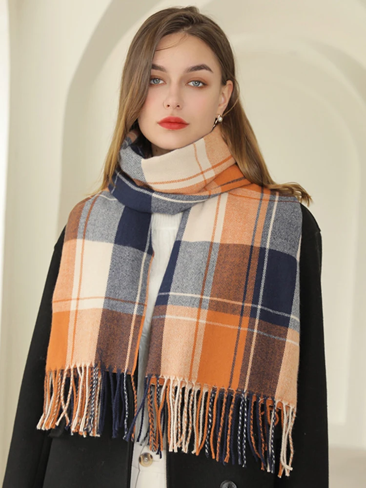 

Женский шарф из искусственного кашемира, зимний шарф в стиле преппи с милым клетчатым принтом и кисточками, женские теплые шали, женские шар...