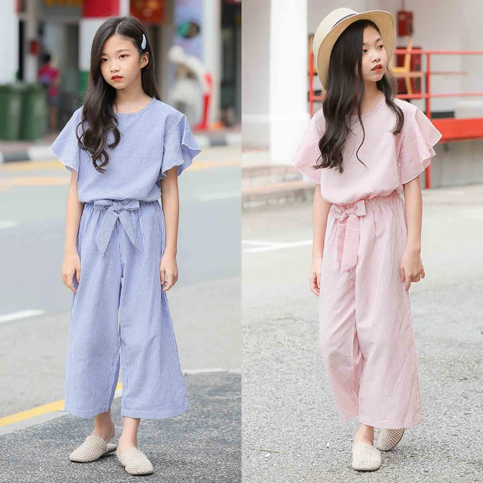 

Korean Big Girls Summer Clothing Sets 2023 New Kids Striped Ruffle Sleeve Tops+Wide Leg Pants Fashion Two-piece Teenage Outfits