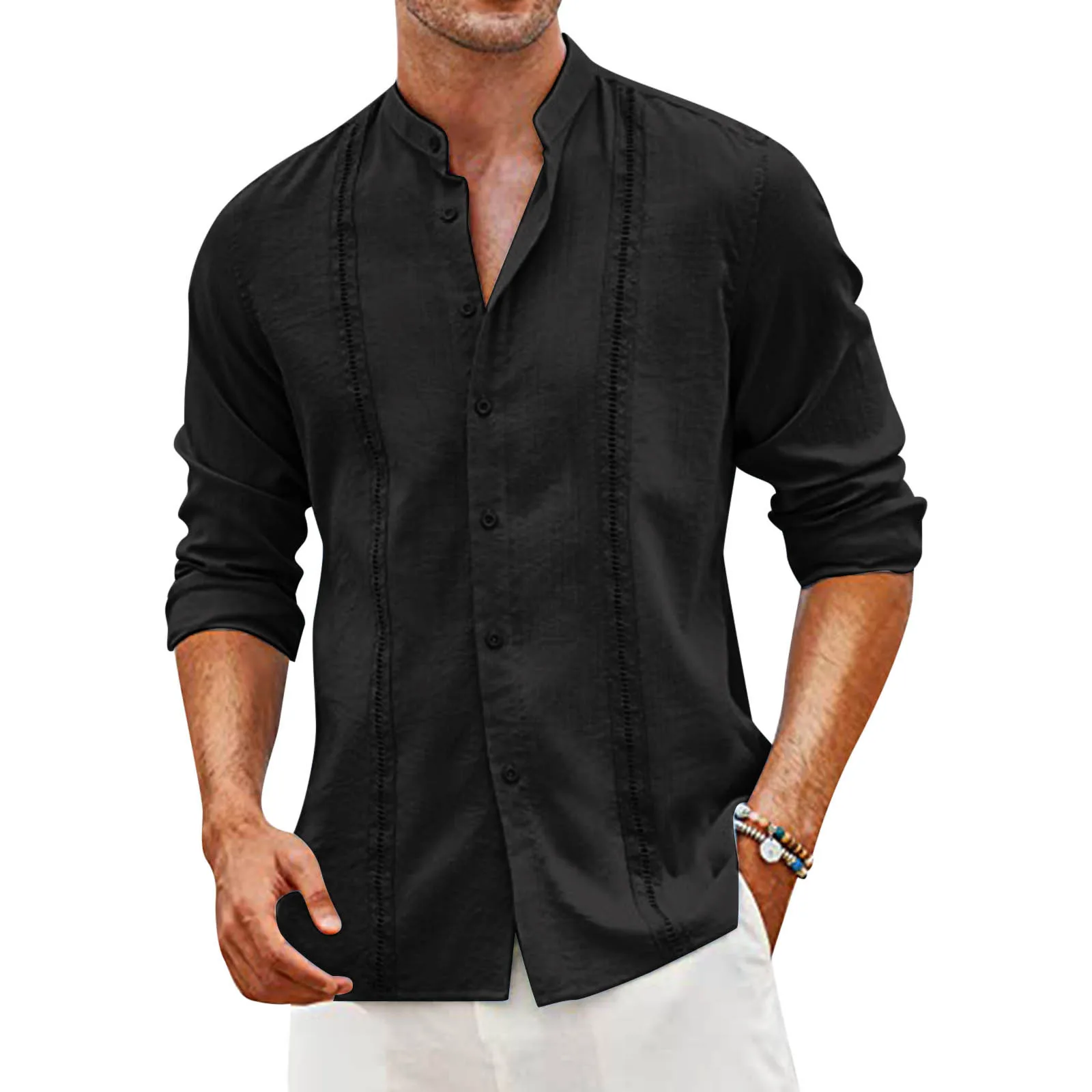 

Рубашка мужская из хлопка и льна, винтажная сорочка с V-образным вырезом, дышащая быстросохнущая тонкая сорочка с длинным рукавом, черный цвет