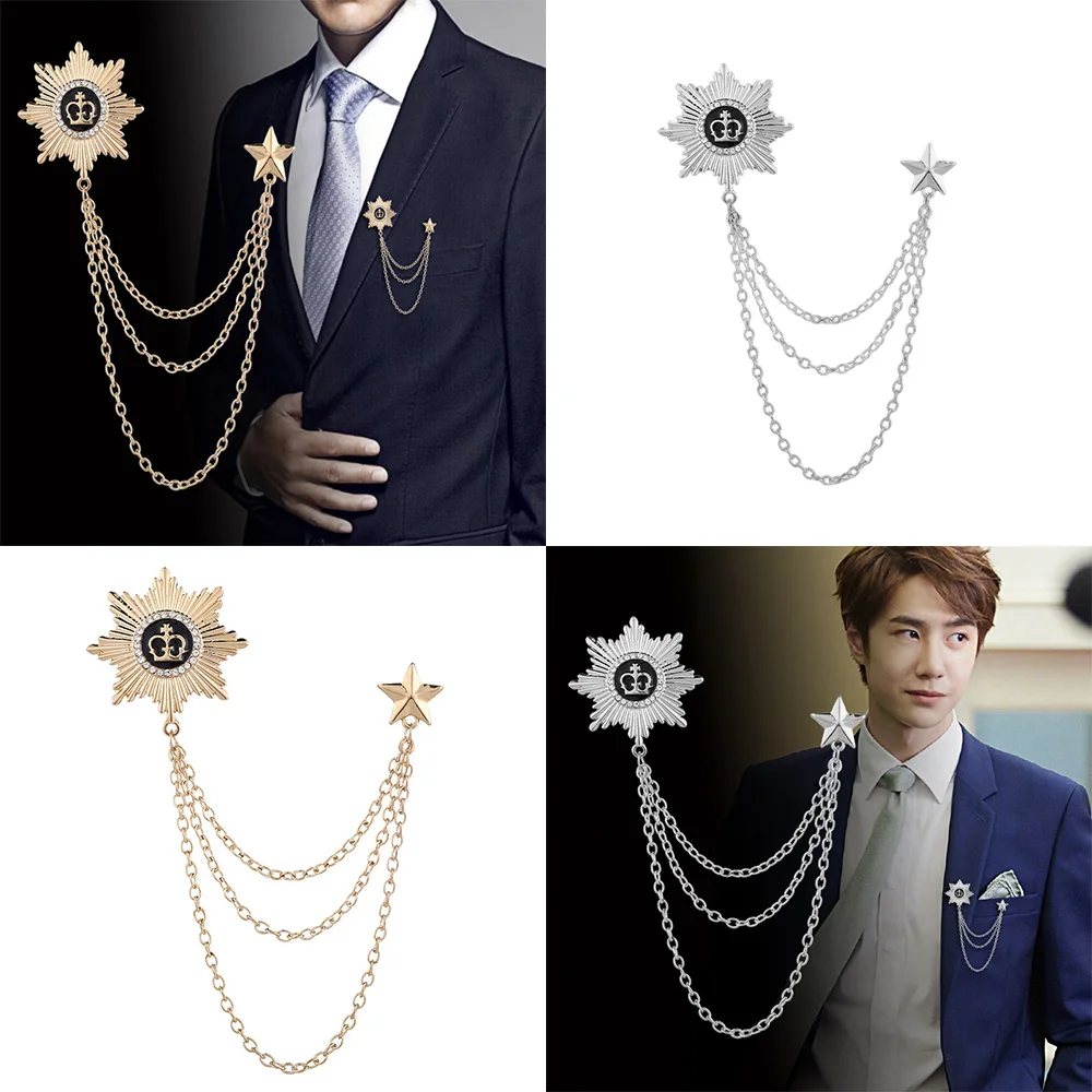 Корейский Британский Стиль Корона птица брошь крест костюм кисточка цепь лацкан