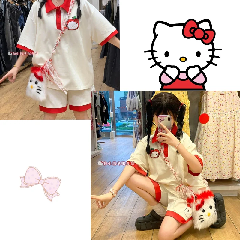 

Sanrios Hellokittys Short-sleeved Shorts Anime Cute Cartoon Girl T-shirt Casual All-match Japanese Kawaii Sportswear Summer New