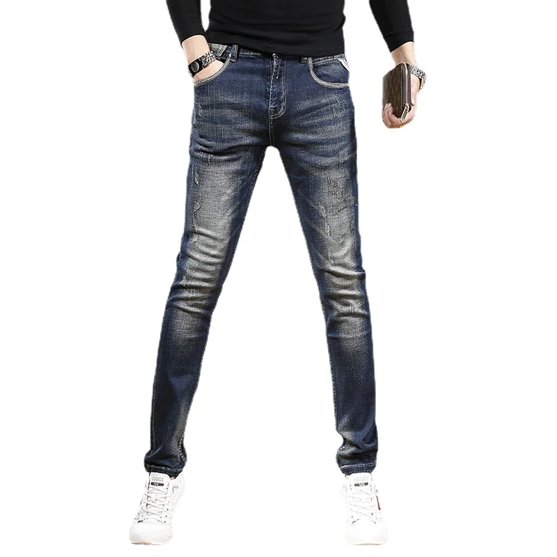 Autumn Men Blue Scratched Jeans Streetwear Slim Fit Straight Pants Korean Style Casual Stretch Denim Trousers