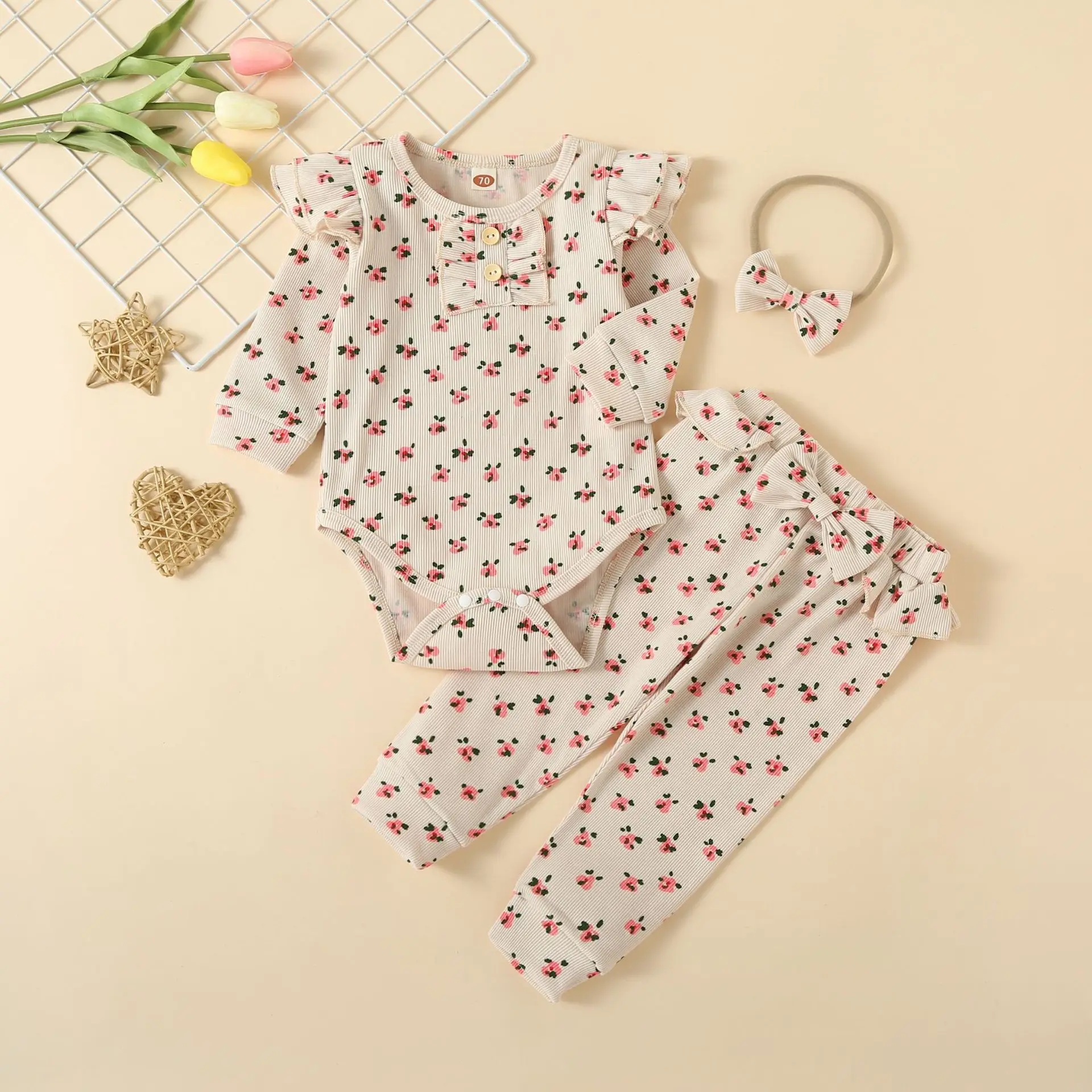 3Pcs Infant Newborn Baby Girl Clothes Sets Spring Autumn Printed Long Sleeved Jumper+Trousers+Headwear For Baby Outfit Set 6-24M