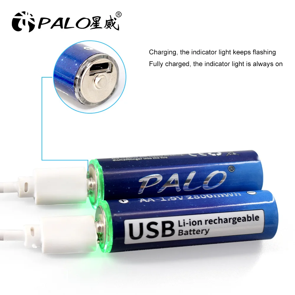 PALO 2800mWh 1.5V Li-ion AA Перезаряжаемая батарея Li-Polymer USB литий с кабелем для проигрывателя мыши.