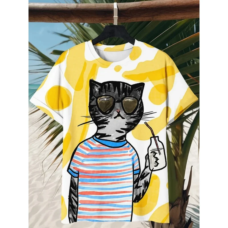 Фото Футболка с графическим рисунком Beach Cat для мужчин, забавные футболки с 3D принтом животных, летние модные топы с круглым вырезом, свободные футболки с короткими рукавами №3