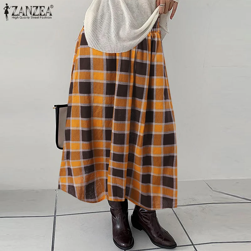 

Юбка ZANZEA женская оверсайз в винтажном стиле, Свободный Повседневный сарафан в ретро стиле, модная клетчатая юбка-трапеция с эластичным пояс...