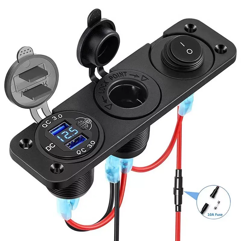 

USB Car Charger Socket Panel Aluminum 12V/24V Dual USB Fast Charger Socket Power Outlet with LED Voltmeter for Marine Boat