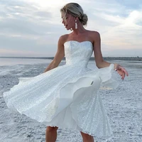 short sparking beach wedding dress sleeveless sweetheart knee length sequined bridal gown custom made hochzeitskleid for women