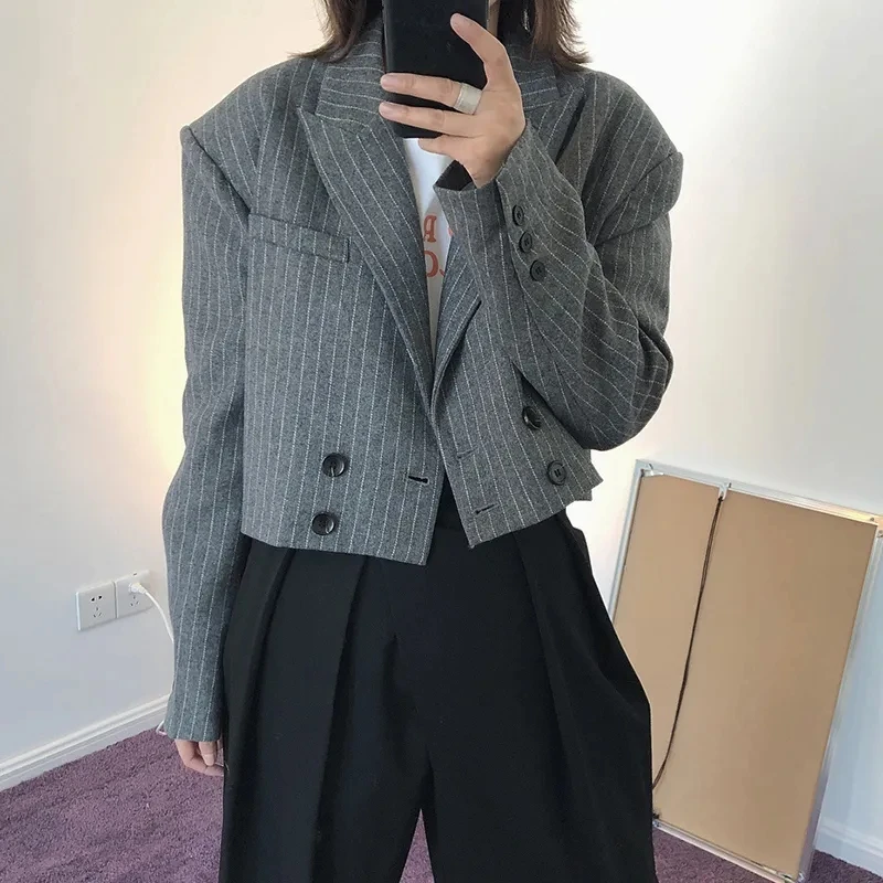 Striped Short Tops For Women‘S Black Grey Lapel  Collar Long Sleeve Shoulder Pads High Waist Casual Korean Office Cropped Blazer