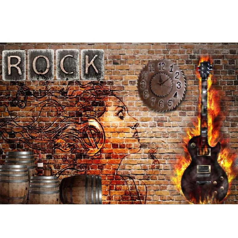 European Retro Nostalgic Rock Flame Beauty Guitar Wall Paper 3D Bar KTV Rock Club Industrial Decor Background Mural Wallpaper 3D images - 6