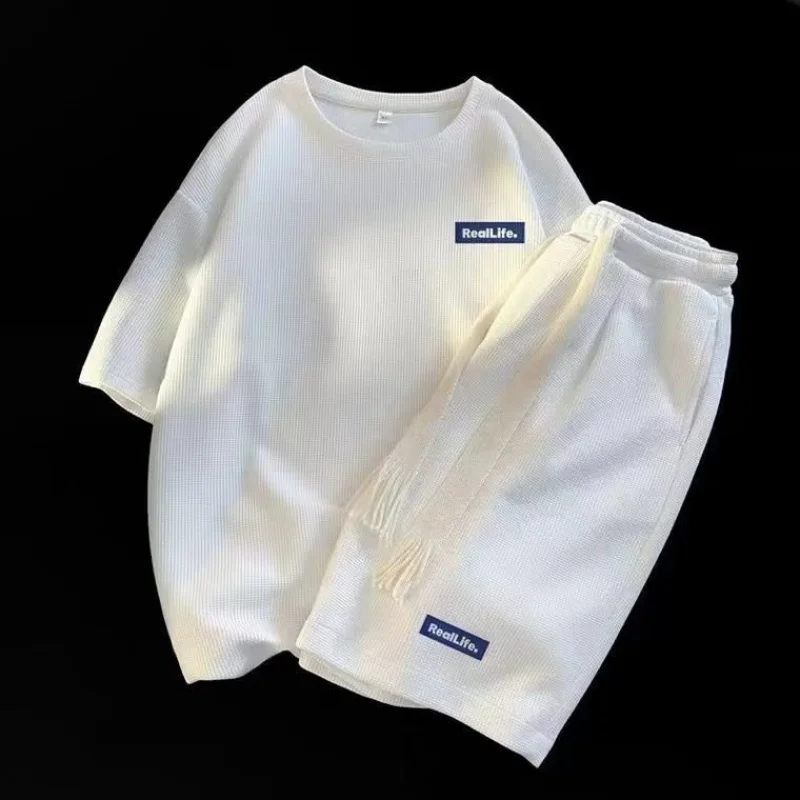 Waffle Youth Sportswear Suit Men's Large Size Loose Summer Thin Short Sleeve Shorts Men's Sport Suit