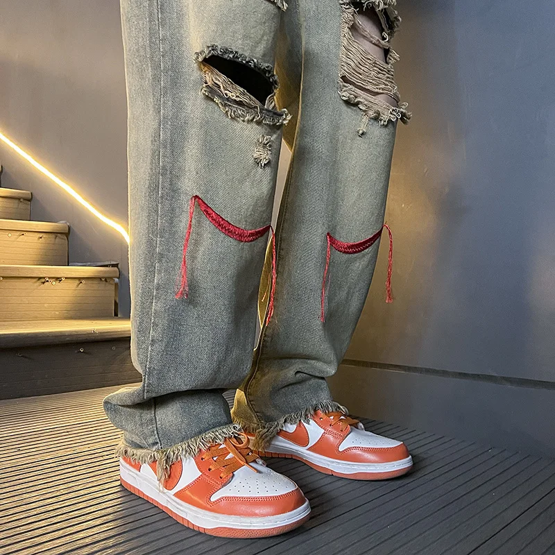 Baggy Ripped Jeans Men Fashion Retro Casual Straight Jeans Men Japanese Streetwear Hip-hop Loose Hole Denim Pants Mens Trousers