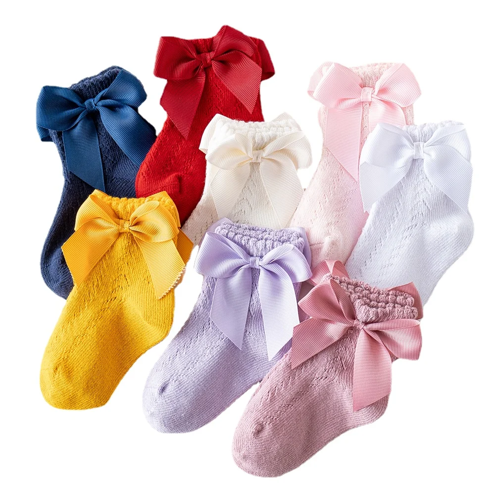 

0-5Y All Seasons Kids Girls Boys Cotton Socks Solid Color Bowknot Tube Socks