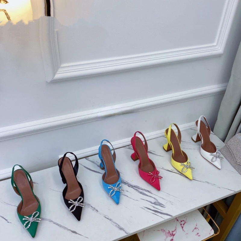 2023 Summer High Heels Female Rhinestone Bowknot Pointed Wine Cup Thin Heels Back Strap Sandals Female