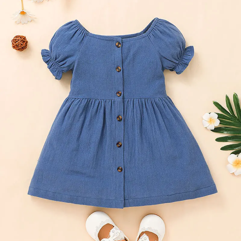 

2023 Summer Arrival Girls Denim Short Puff Sleeve Dark Blue Dress Roupa Infantil Menina Cute Cheongsam Dress Custume 18M-7T