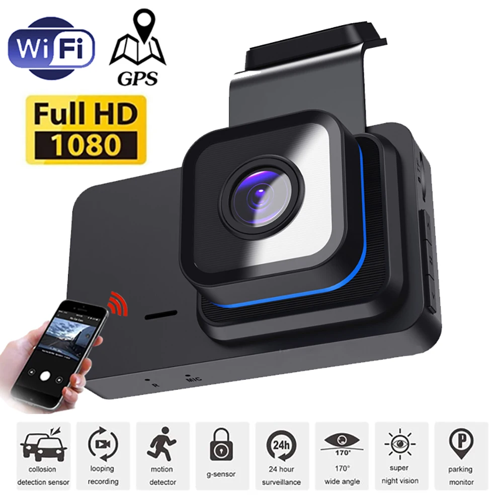 

Автомобильный видеорегистратор, Wi-Fi Full HD 1296P, видеорегистратор с камерой заднего вида, двойным объективом, зеркальный циклический видеорегистратор, черный ящик, GPS, монитор автопарковки