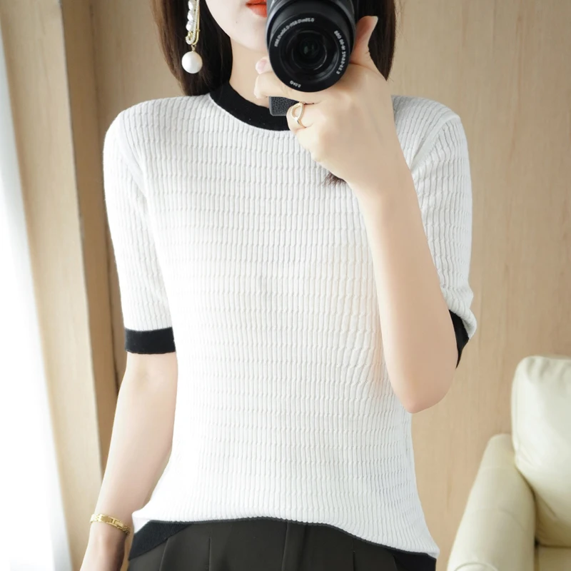 

Wool Blend Spring/Summer 2022 Women's New Crew Neck Colorblock Short Pullover Half Sleeve Knitwear
