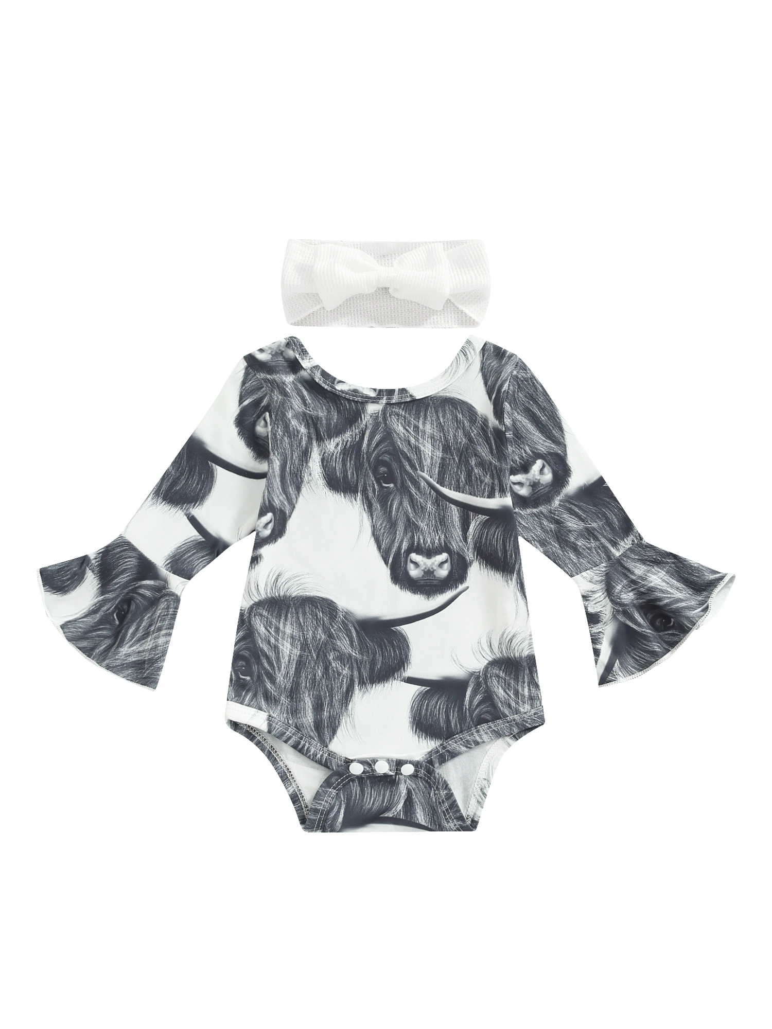 

Newborn Baby Girls Cute Bodysuit Cattle Head Print Flare Long Sleeve Romper Jumpsuit Clothes with Headband