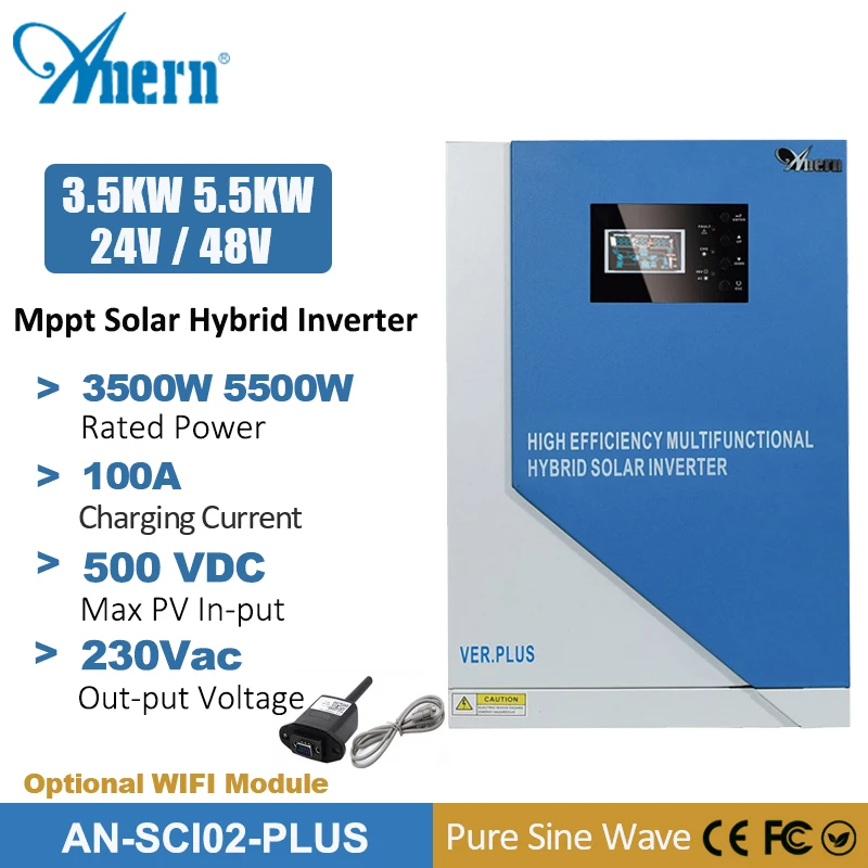 

Anern Hybrid Solar Inverter 3.5KW 5.5KW Pure Sine Wave 24/48V 230V Off Grid Inverter Compatible with Lithium Battery WIFI