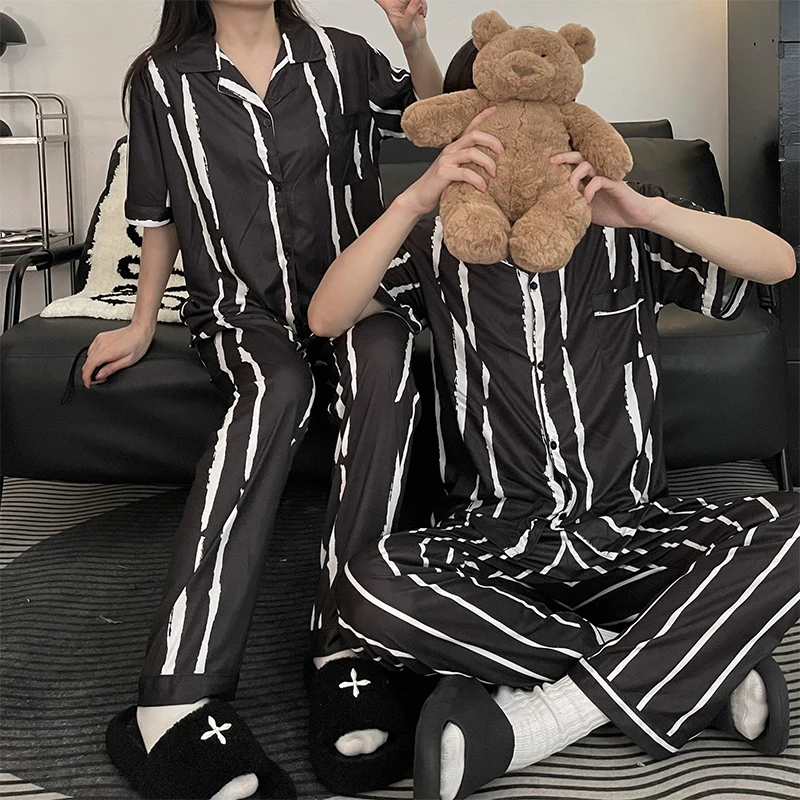 Summer ins pajamas couple imitation cotton short-sleeved trousers 3-piece set beautiful ladies home wear men's casual shorts
