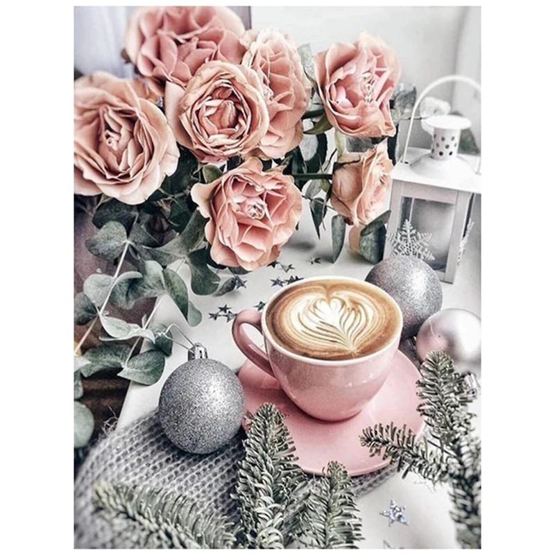 

Diamond Painting Flower Pink Round Diamond Embroidery Coffee Cup Cross DIY Wall Decor