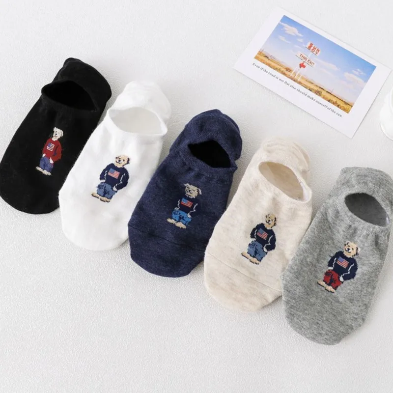 Fashion Men's Boat Socks Cartoon Bear Summer Autumn Anti-Slip Transparent Silicone Cotton Ankle Slippers Socks Retro