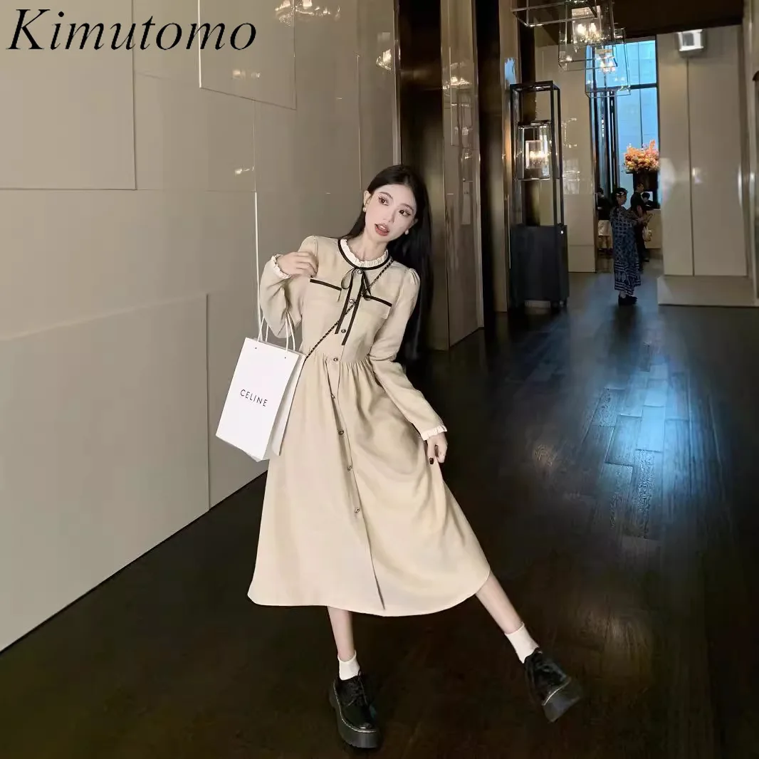 Kimutomo маленькое ароматное платье для женщин контрастное миди на шнуровке с