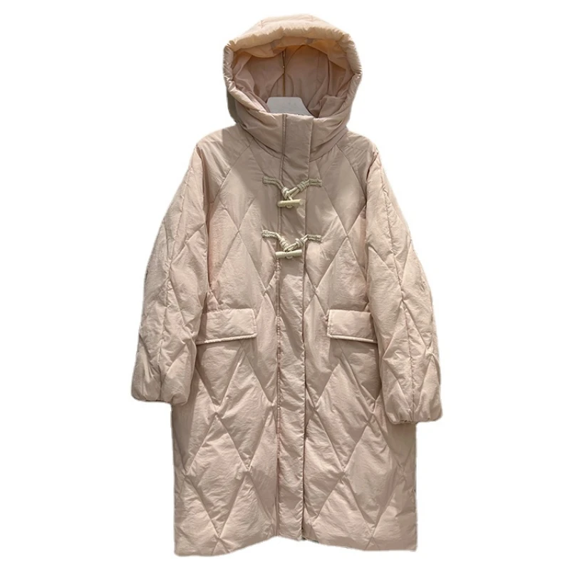 Winter New Down Jacket Women's Korean Loose Fashion Retro Oxbow Button White Duck Down Jacket Long Sleeve Casual Coat H101