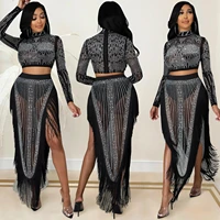 sexy mesh hot drilling see through skirt set women crystal long sleeve top and maxi skirt suits clubwear outfits