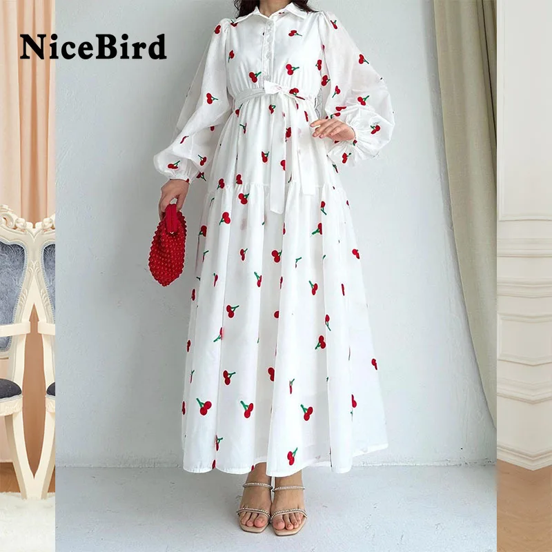 

Женское платье-рубашка Nicebird с принтом мусульманских фруктов, белое платье большого размера с поясом, свободное модное платье с длинным рукавом и отложным воротником, весна-лето 2023