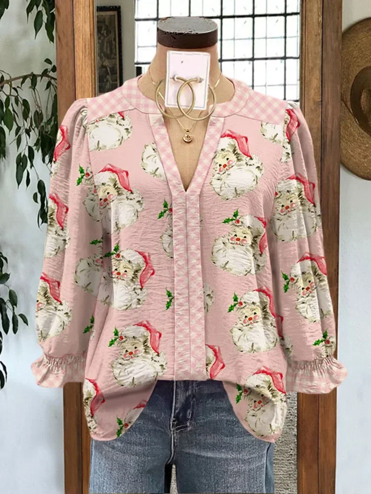 Рождественская футболка с v-образным вырезом и принтом в клетку Санта-Клауса