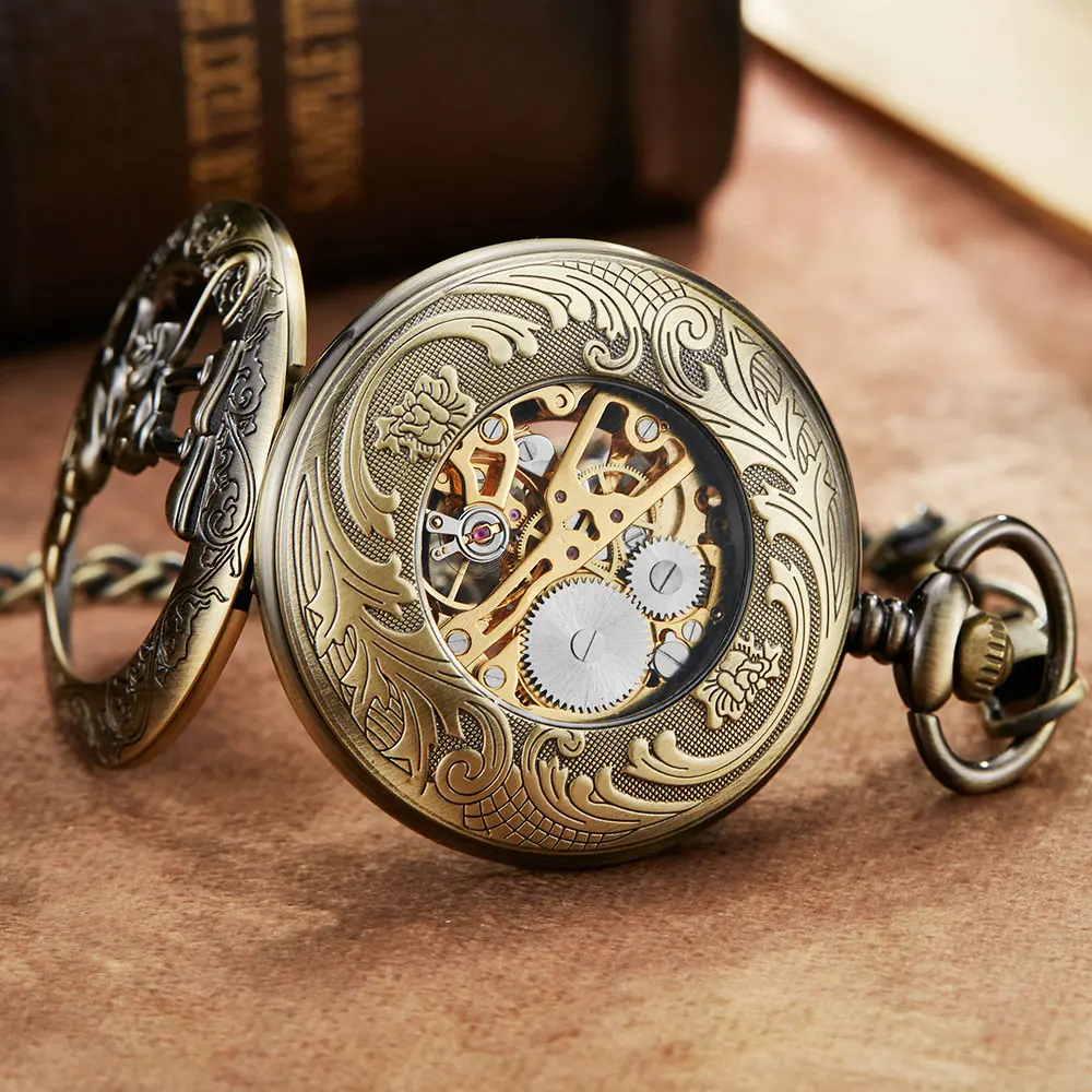 Steampunk Skeleton Cartoon Cute Mouse Mehanical Pocket Watch FOB Chain Hand Wind Mechanical Mens Womens Watches with Chain