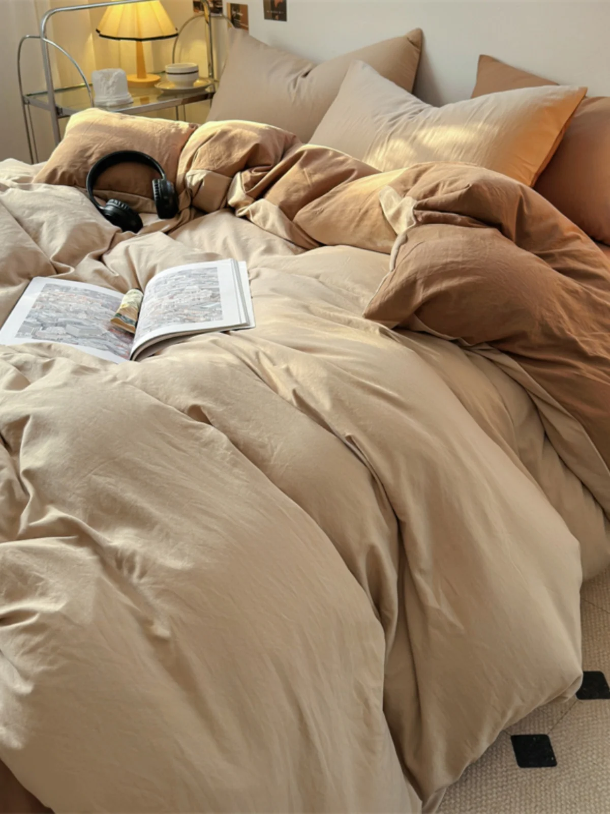 Soft Glutinous Skin-friendly Washed Cotton Quilt Cover Bed Sheet Three-Piece Set Simple Japan fashion Solid 200 X230 Double Q...