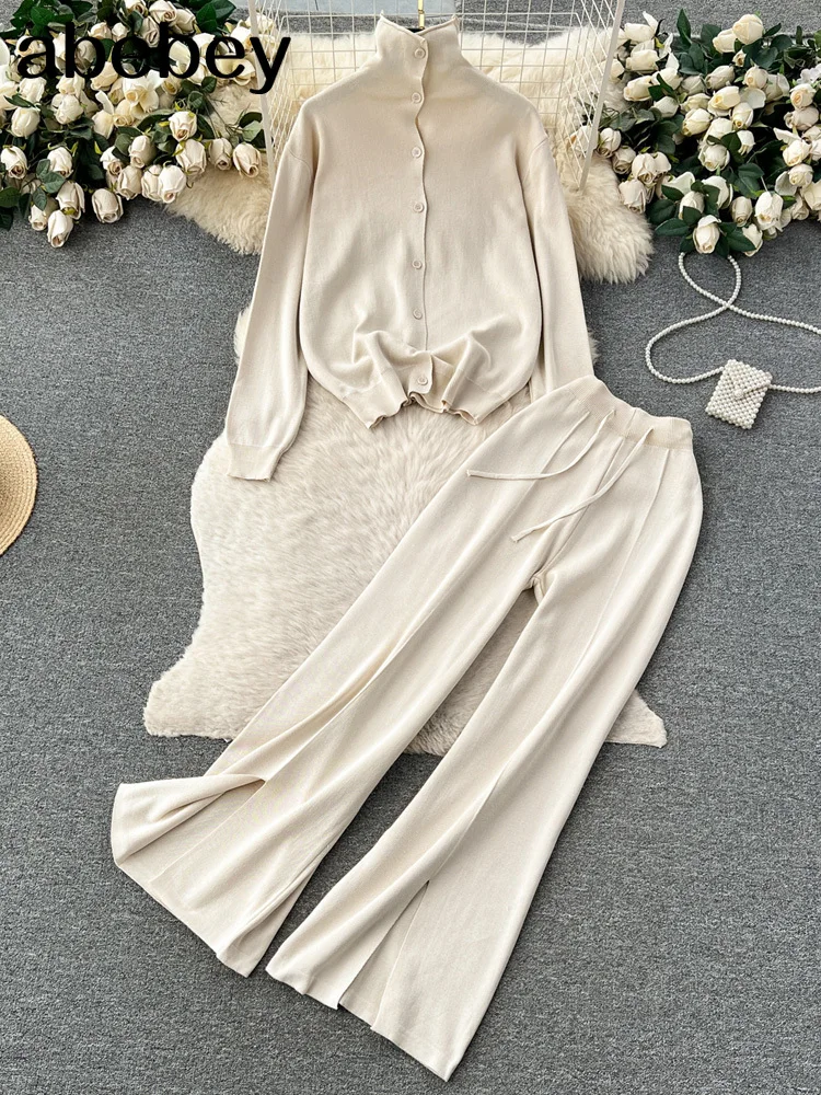

2023 Autumn Winter 2 Pieces Women Sets Knitted Tracksuit Split Sweater and Wide Leg Jogging Pants Pullover Suits