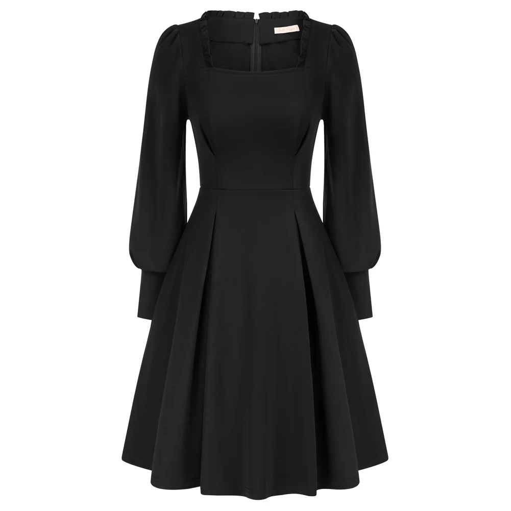 

BP Dress Women Elegant Spring Defined Waist Dress Casual Vintage Dress Solid Long Sleeve Square Neck Pleated A-Line Dress 2022
