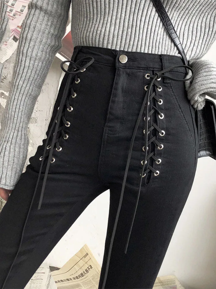 

Slim Black Pencil Pants Jeans Women Fashion Lace-Up Zip Ankle-length Pants Female High Waist Jeans Skinny Sexy 2022 New