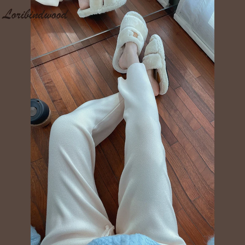 

Белые Трикотажные Широкие брюки для женщин, осень и зима 2021, новые повседневные штаны с высокой талией, маленькие прямые штаны