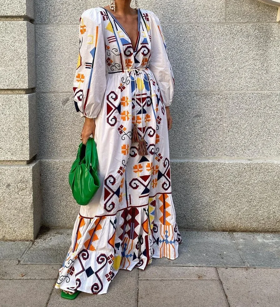 

Fashion Women Sexy V Neck Print Summer Dress Casual Bohemia Long Sleeve Beach Holiday Long Dresses Elegant Slim Vestidos