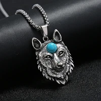 retro fashion ethnic style imitation turquoise flying eagle wolf head pendant coral horn stainless steel necklace jewelry