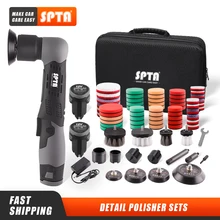 SPTA NEW 12V Cordless Mini Car Polisher Scratches Killer Detailing RO DA Machine 1/2/3 Inch Pads Accessories 2 Battery