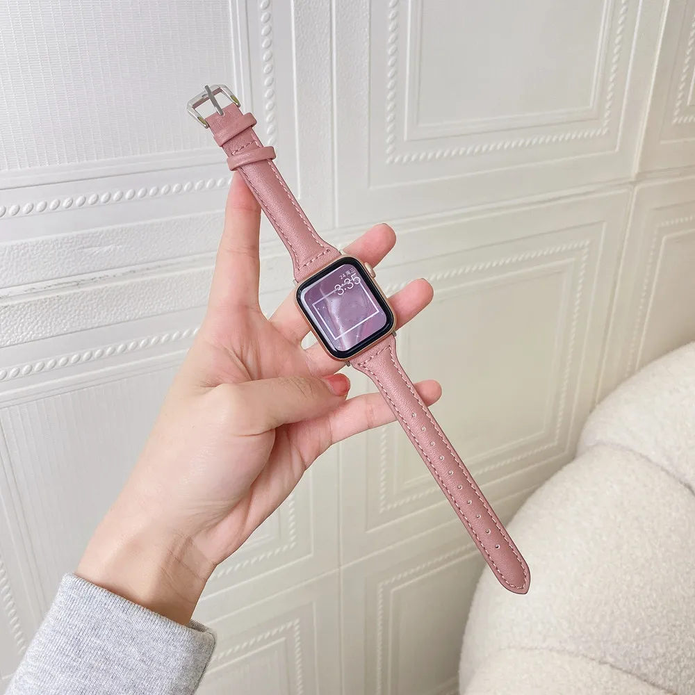 Ремешок из натуральной кожи для Apple Watch 7 41 мм 45 38 42 тонкий браслет iWatch Band 40 44 se 6 5 4 3 2