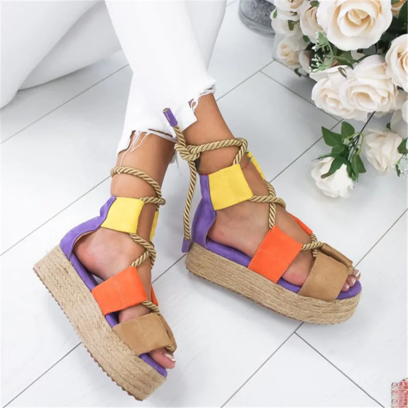 

Color-blocking Platform Sandals Women Summer Classic Fashion Women Shoes Personality Tied Rope Open Toe Sandals Roman Sandals 43