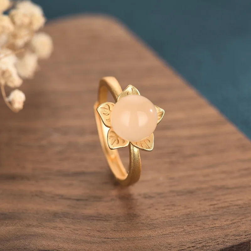 

China Style Female Jewelry Ancient Gold Natural Hetian Jade Bead Ring Simple Flower Opening Adjustable Wedding Rings for Women