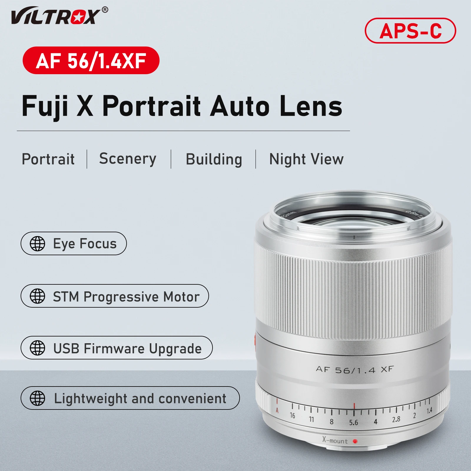 

VILTROX 56 мм F1.4 f/1,4 XF Автофокус фотообъектив для Fuji Fujifilm ОБЪЕКТИВ X-Mount (серебристый) APS-C T30 T4 T3 A7 объектив камеры