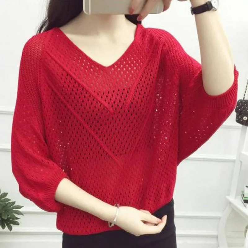 Fashion V-Neck Knitted Loose Hollow Out Blouse Women's Clothing 2023 Summer New Casual Pullovers Korean Batwing Sleeve Shirt