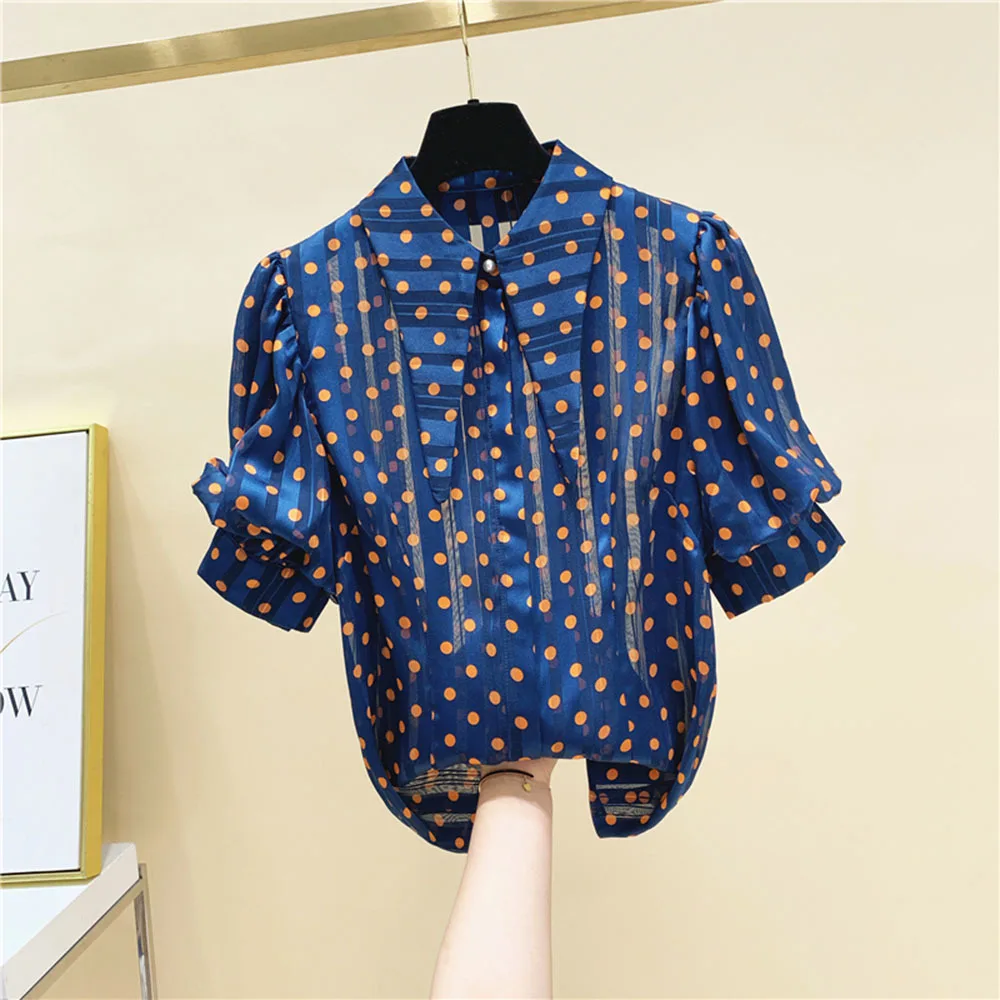

2022 Sprng Summer Clothing New Puffed Sleeves Ladies Tops Polka Dots Doll Collar Chiffon Blouse Women Short Sleeve Shirt Female
